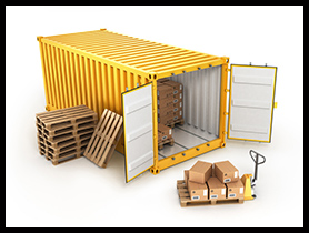 Container-thumb open container pallets with boxes and hand truck isolated on whi